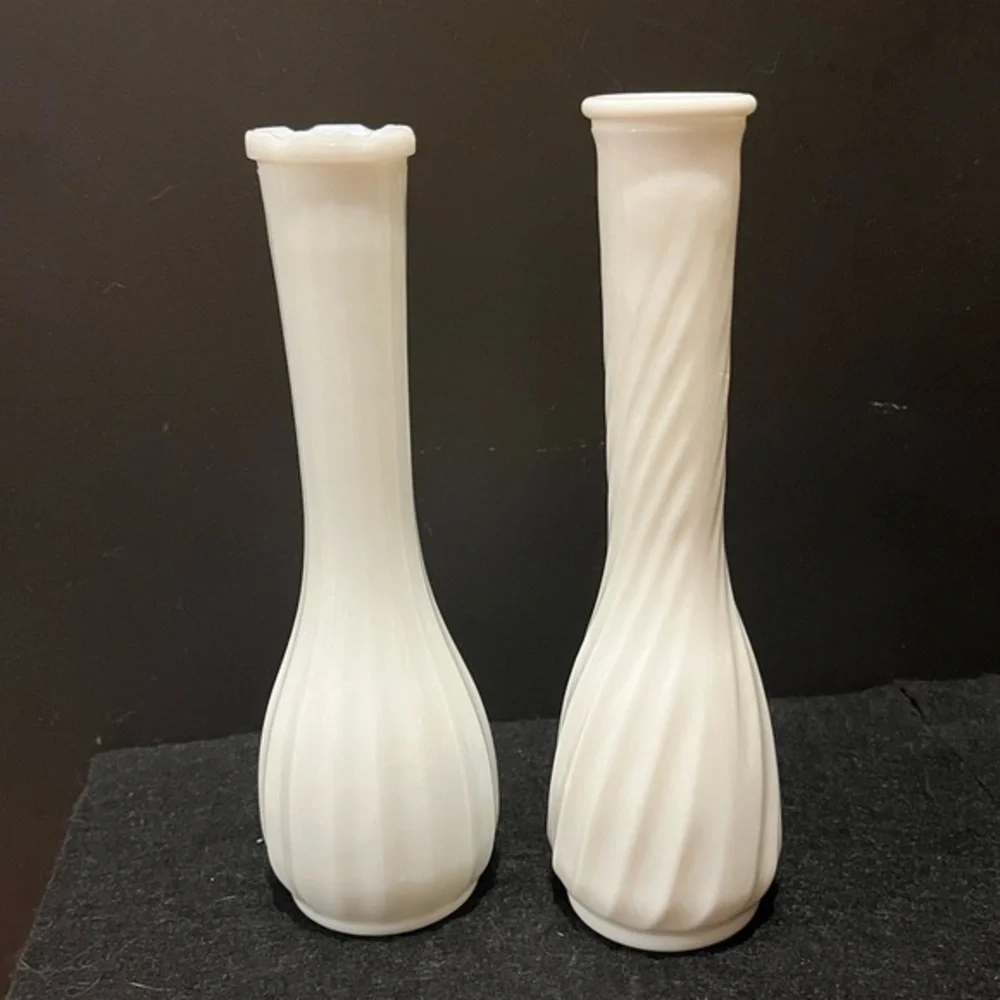 Vintage Milk Glass Bud Vases Straight Ribbed and Swirled Ribbed Set of Two